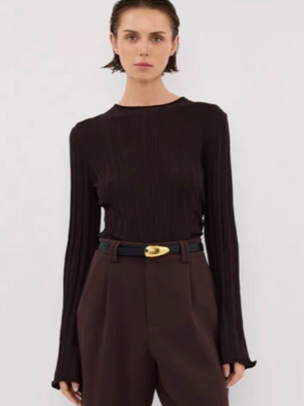 DISSH Sylvia Ribbed Knit Bell Sleeve Top Bitter Chocolate Brown Minimalist M